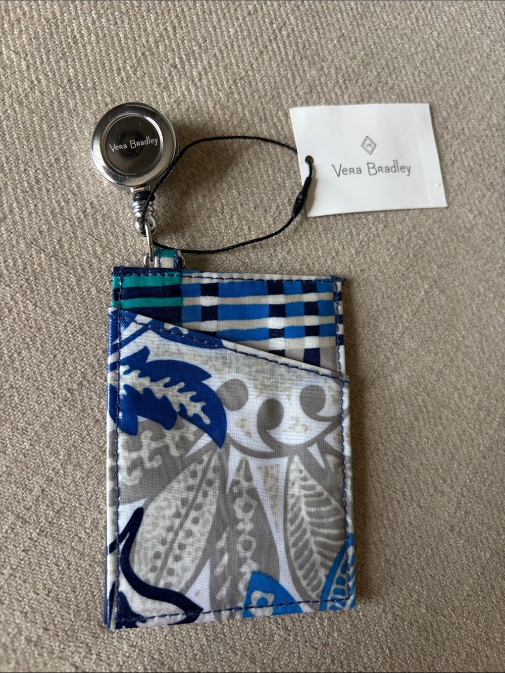 Vera Bradley Blue Gray Paisley Retractable Badge Holder Lanyard ID Case
